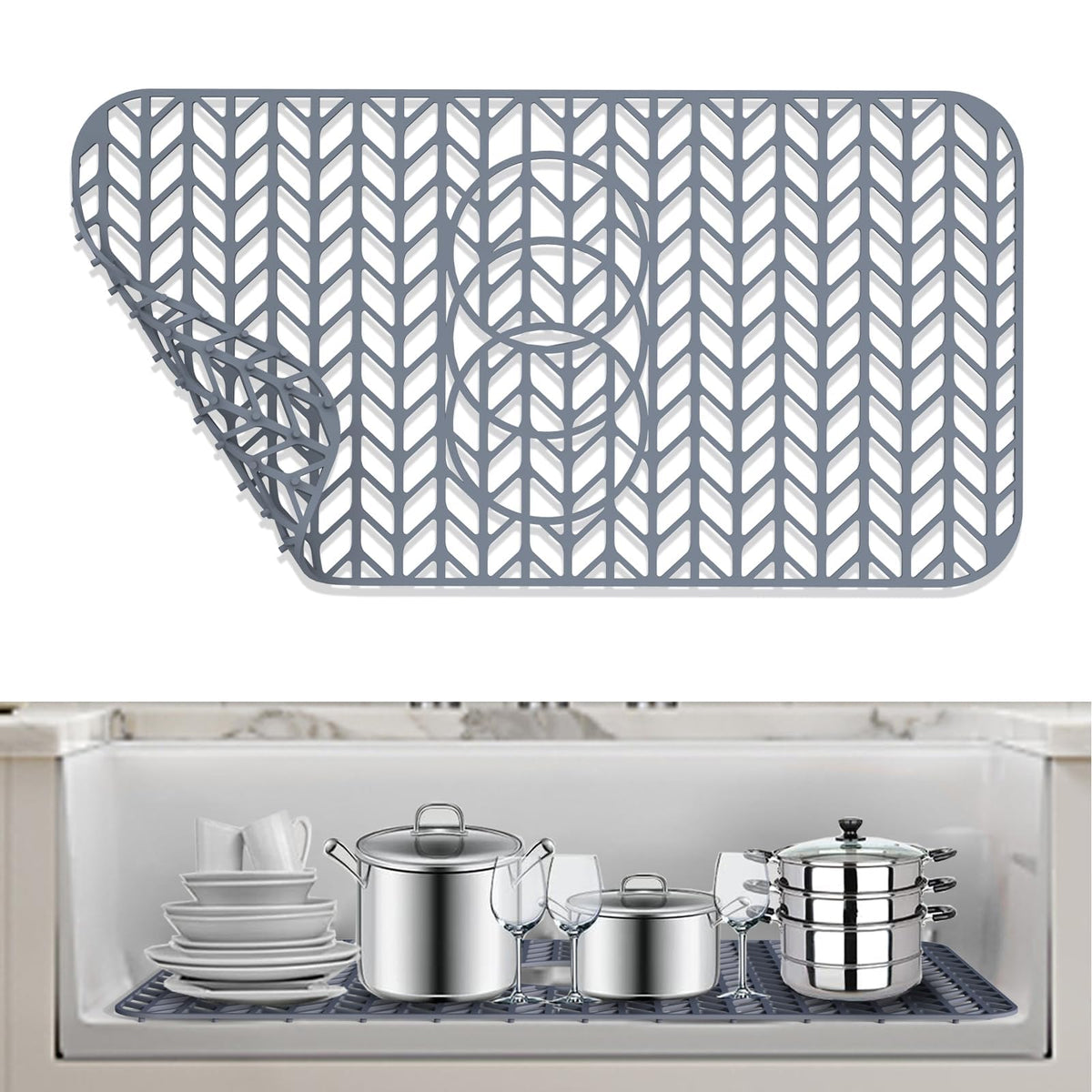 AWOKE Silicone Sink Protectors for Kitchen Sink, 12" x 11" Mat for bottom of sink, Center Drain Hole, Protect from Stains, Scratches, Dishwasher Safe Grid for Kitchen (2 Pack, Gray)