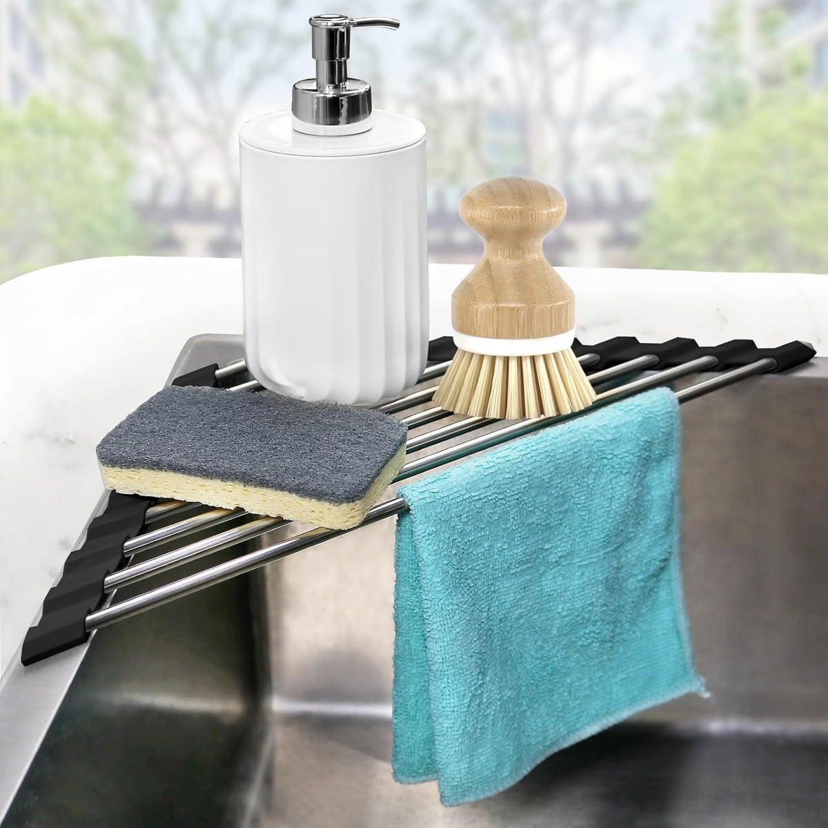 Corner Sink Caddy Triangle Dish Drying Rack for Sink Corner, Sponge Holder Roll Up Dish Drying Rack Over The Sink, Stainless Steel Kitchen Sink Organizer Drainer Mat Sponge Caddy for Counter Storage