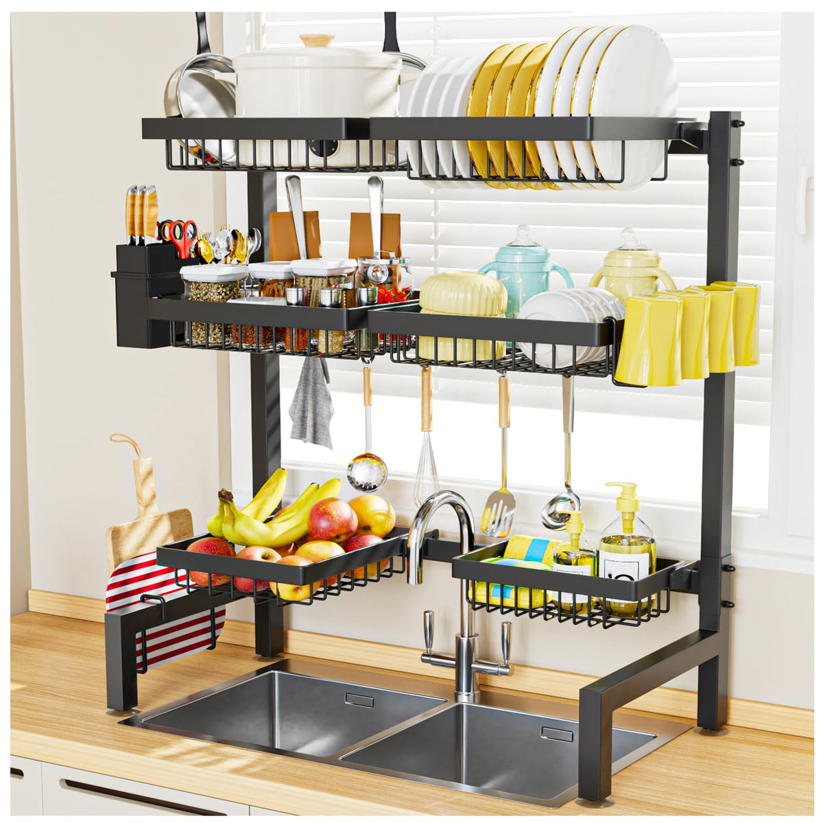 SNSLXH 4 Baskets 2-Tier Over The Sink Dish Drying Rack, 26.57"-35"