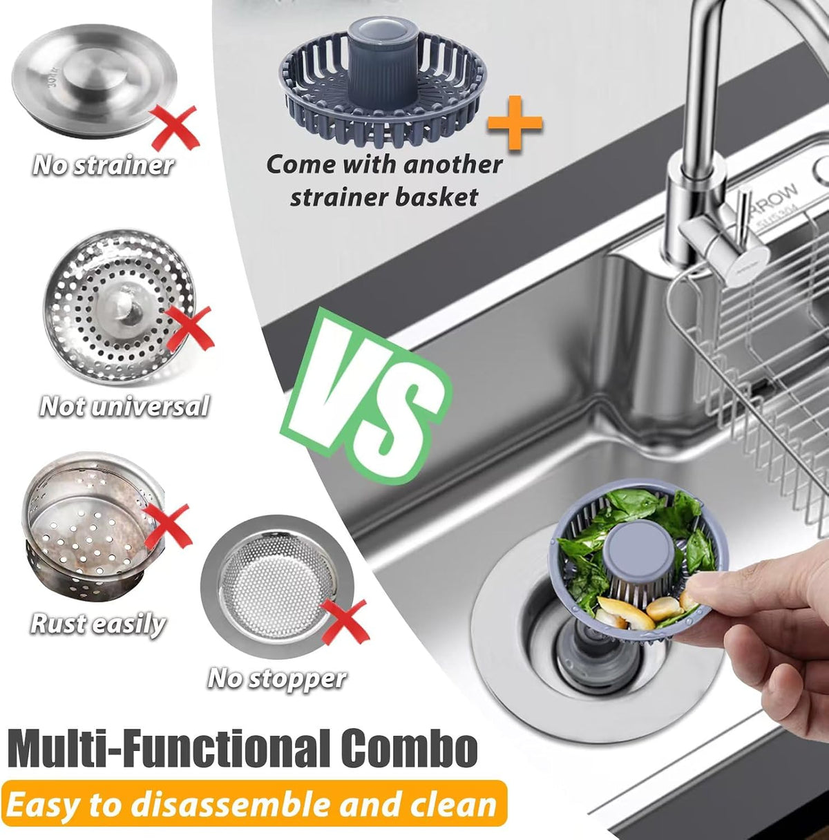 Anlige Kitchen Sink Drain Strainer,3in1 Pop Up Kitchen Sink Stopper, Chrome