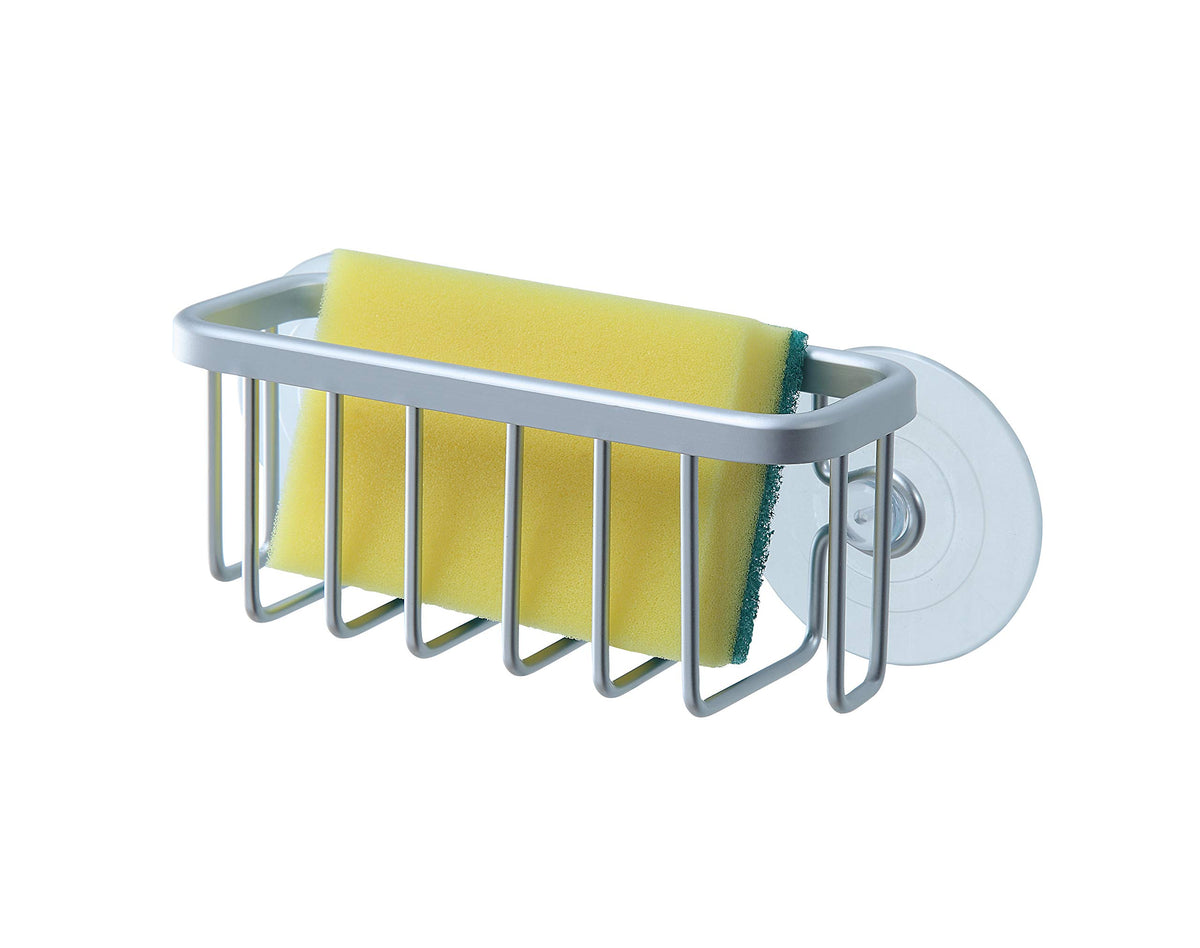 SunnyPoint NeverRust Kitchen & Bathroom Sink Caddy for Sponges, Scrubbers, Soap, 6" x 2.5" x 2.65", with Adhesive Mount - Additional Suction Cup Included –Aluminum (Black)