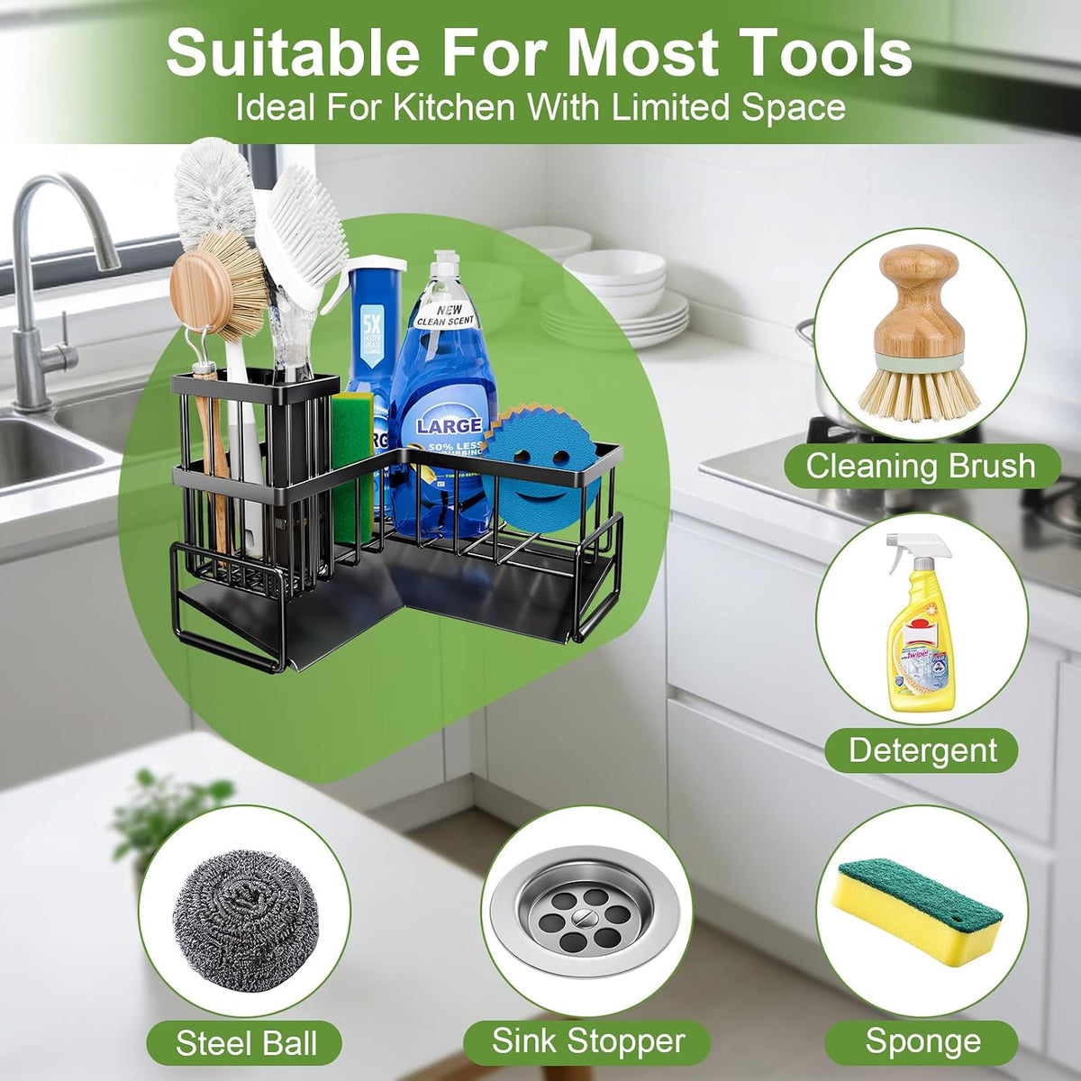 Fikoksol Large Sponge Holder for Kitchen Sink, 90-Degree Sink Caddy Storage