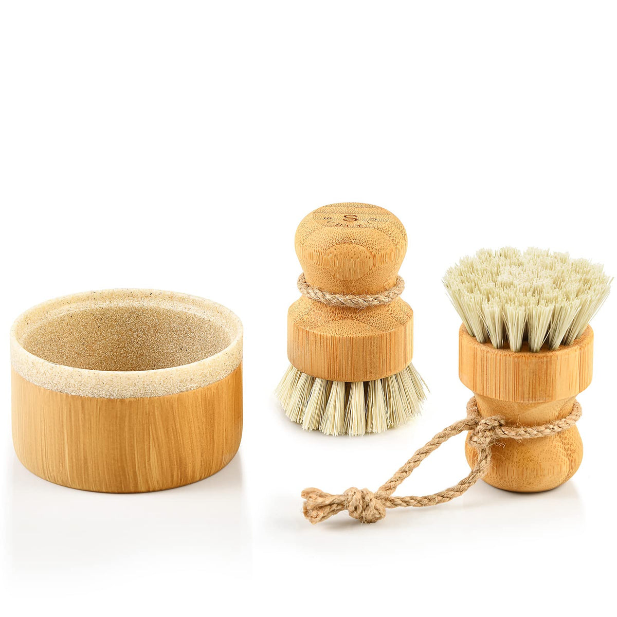 SUBEKYU Bamboo Dish Scrub Brush,Produce Brush,3 Pack with Ceramic Holder