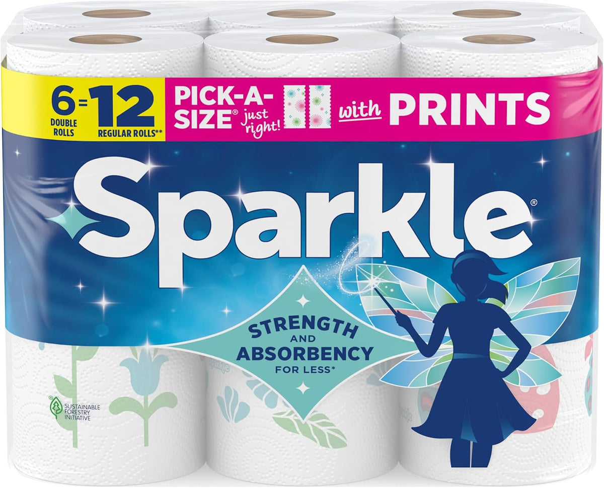 SPARKLE Pick-A-Size Paper Towels, 2-Ply Spirited Prints, 6 Double Rolls