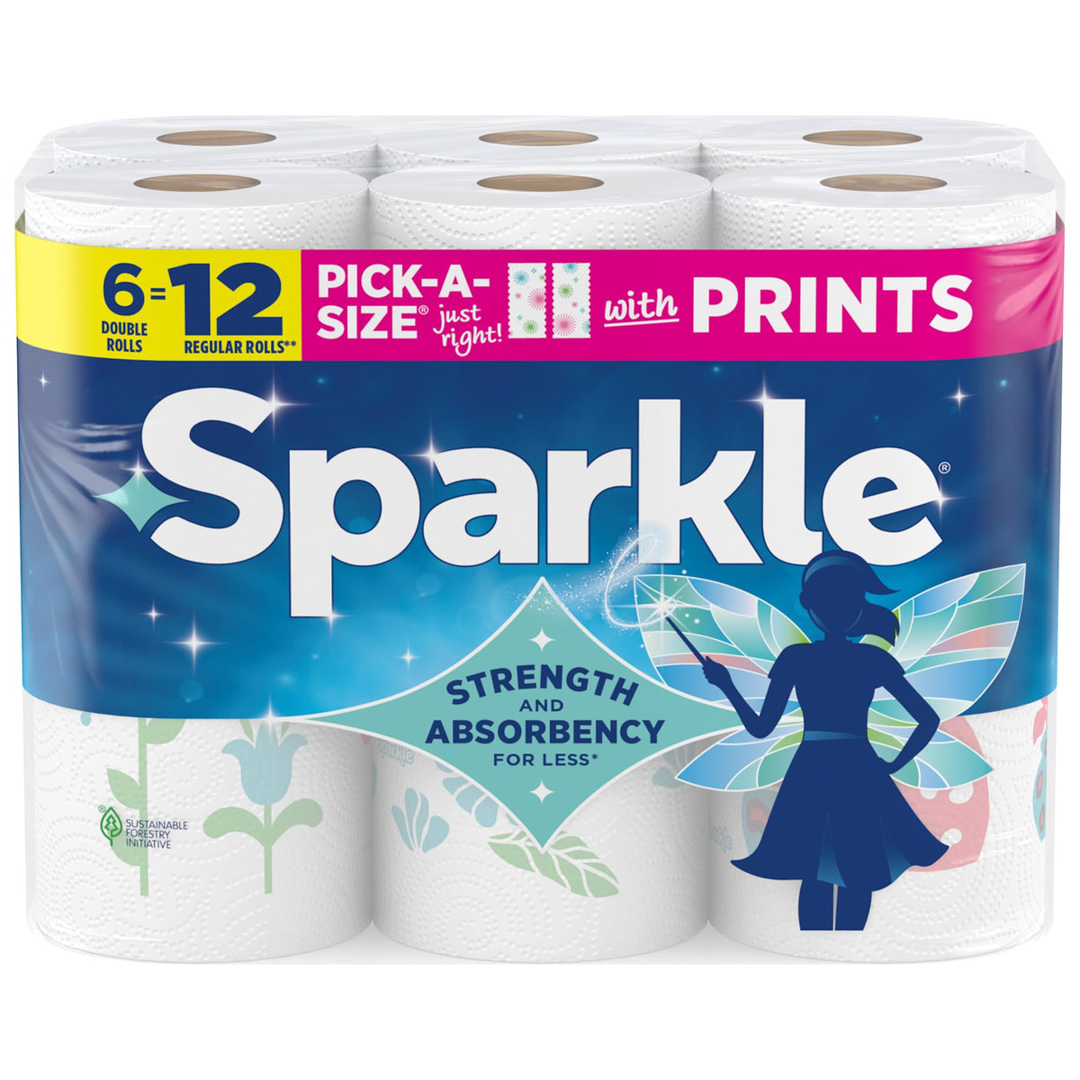 SPARKLE Pick-A-Size Paper Towels, 2-Ply Spirited Prints, 6 Double Rolls
