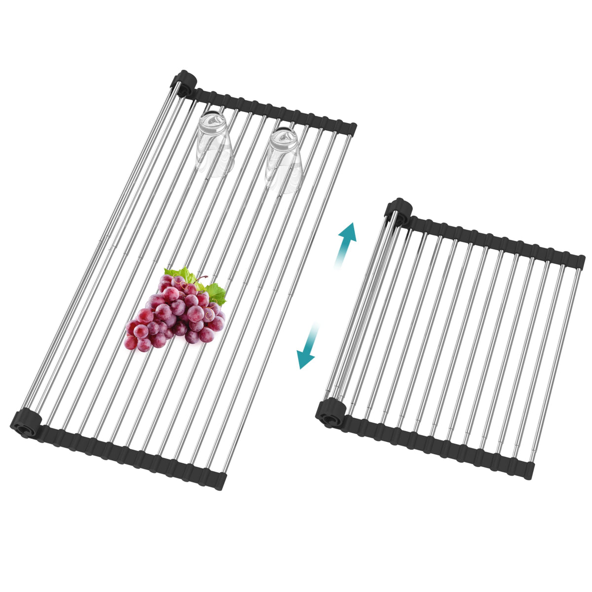 Extra Large Expandable Roll Up Dish Drying Rack,Over The Sink Drying Rack Sink Cover Kitchen Sink Accessories Kitchen Rolling up Stainless Steel Drainer, Foldable,Rollable（Black，22.8''-12.4''）