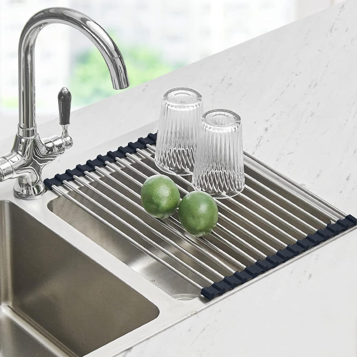 Seropy Roll Up Dish Drying Rack, Over the Sink Dish Drying Rack Kitchen Rolling Dish Drainer, Foldable Sink Rack Mat Stainless Steel Wire Dish Drying Rack for Kitchen Sink Counter Storage 17.5x11.8