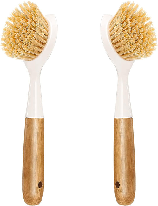 2 Pack Kitchen Dish Brush Bamboo Handle Dish Scrubber Built-in Scraper