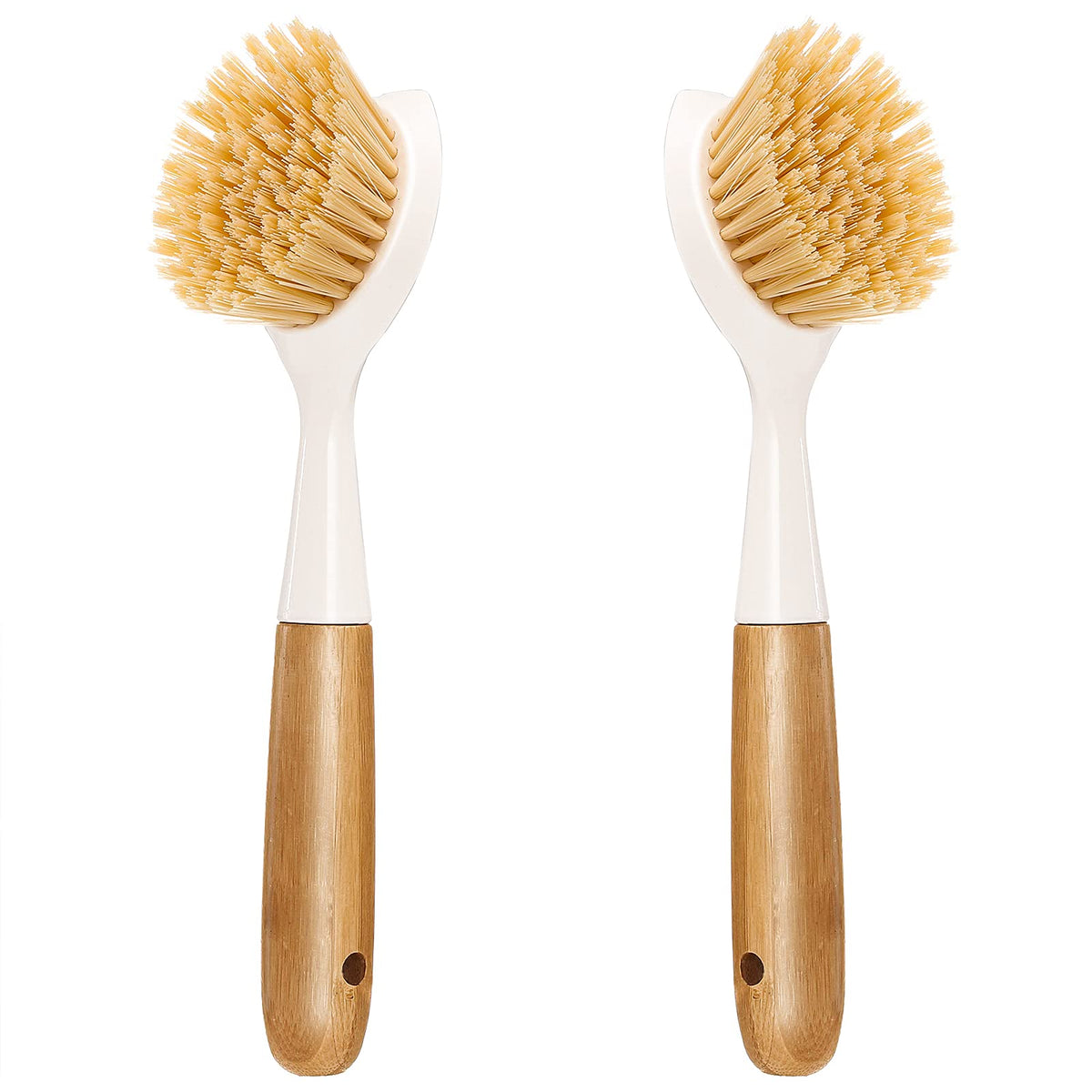 2 Pack Kitchen Dish Brush Bamboo Handle Dish Scrubber Built-in Scraper