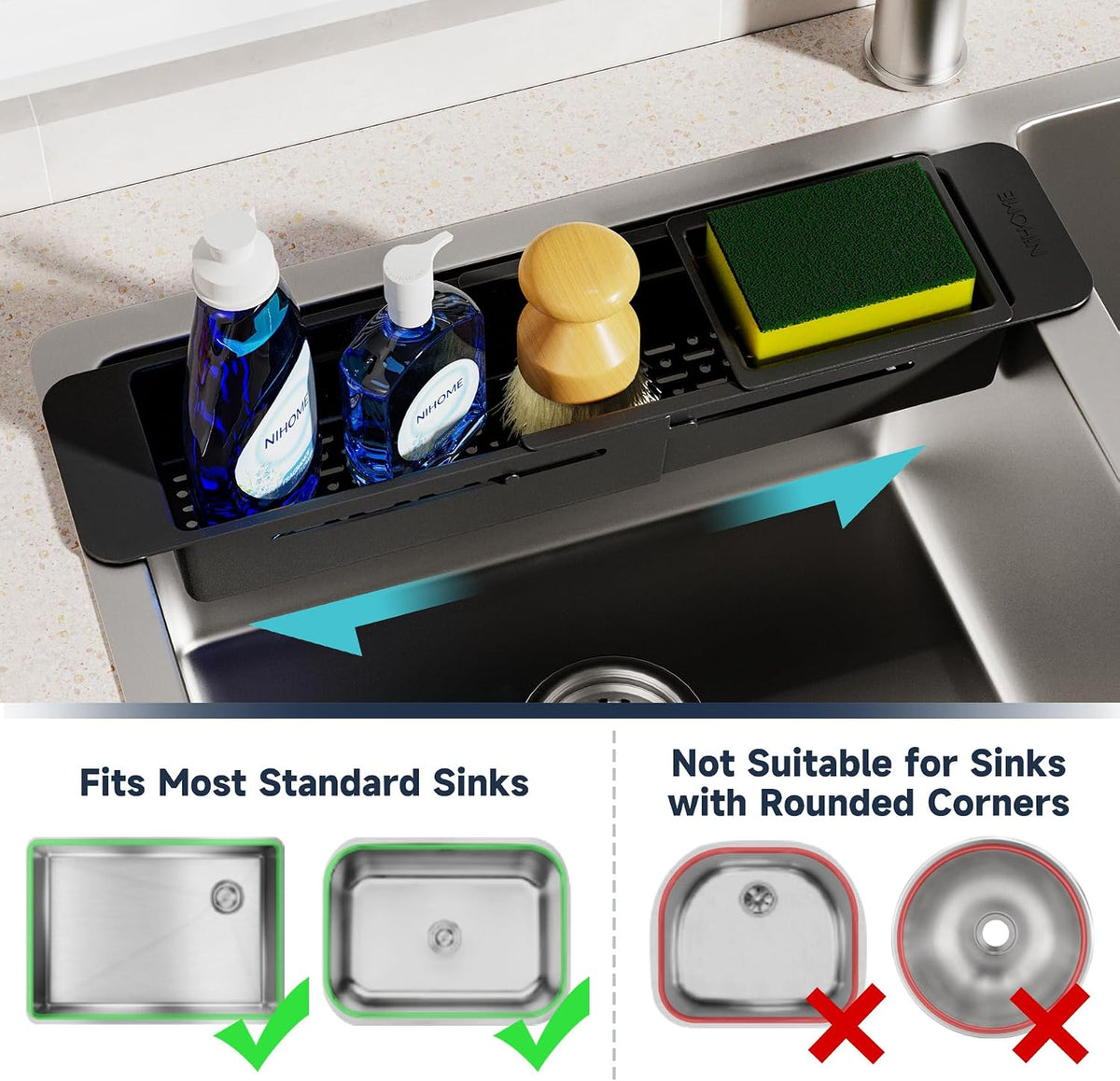 NiHome Extendable Kitchen Sink Caddy, Small Brush Sponge Storage Holder