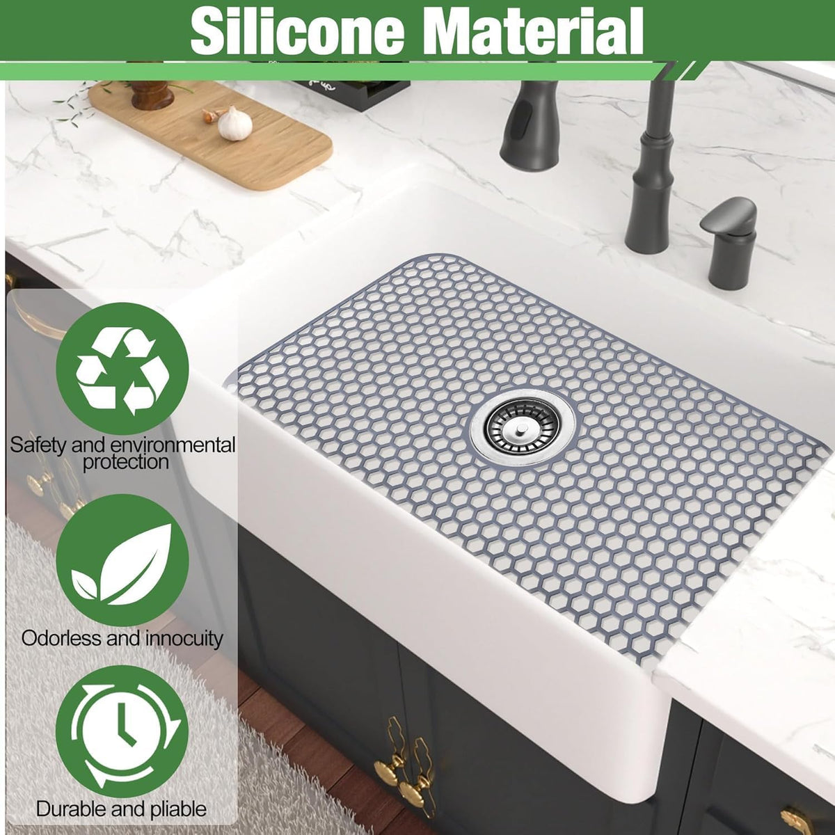 Sink Protectors Mat - 25.79"x13.98" Kitchen Sink Pad for Bottom of Basin for Protection of Stainless Steel and Tableware, Farmhouse Rubber Basin Mat Protector with Center Drain - Light Gray
