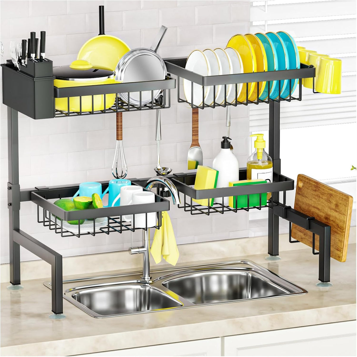 SNSLXH 4 Baskets 2-Tier Over The Sink Dish Drying Rack, 26.57"-35"