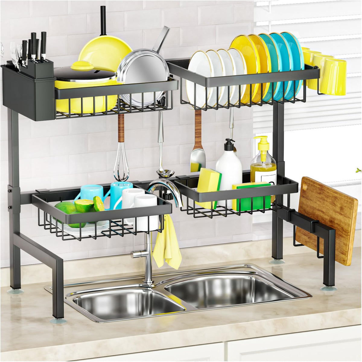 SNSLXH 4 Baskets 2-Tier Over The Sink Dish Drying Rack, 26.57"-35"