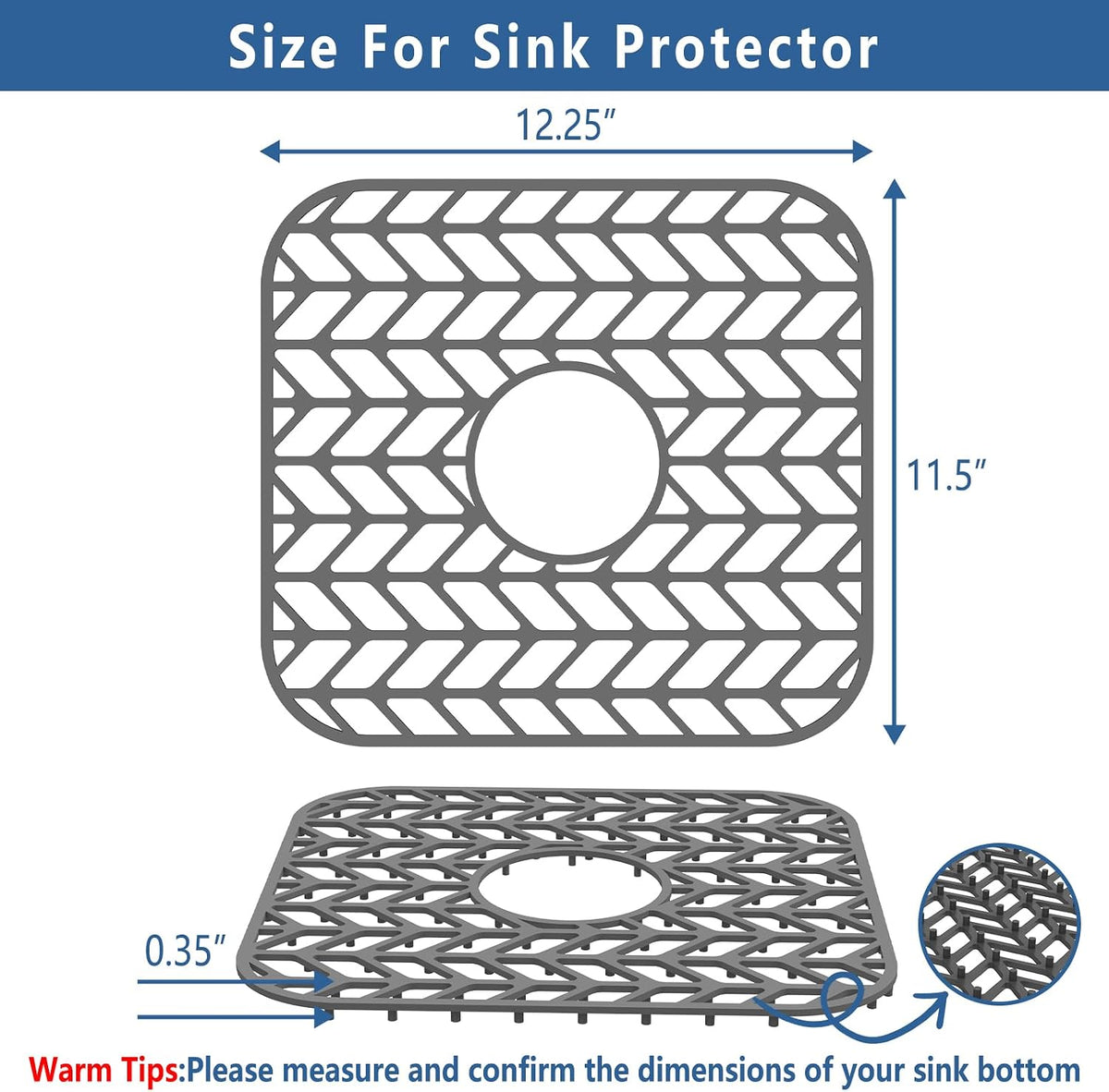 AWOKE Silicone Sink Protectors for Kitchen Sink, 12" x 11" Mat for bottom of sink, Center Drain Hole, Protect from Stains, Scratches, Dishwasher Safe Grid for Kitchen (2 Pack, Gray)