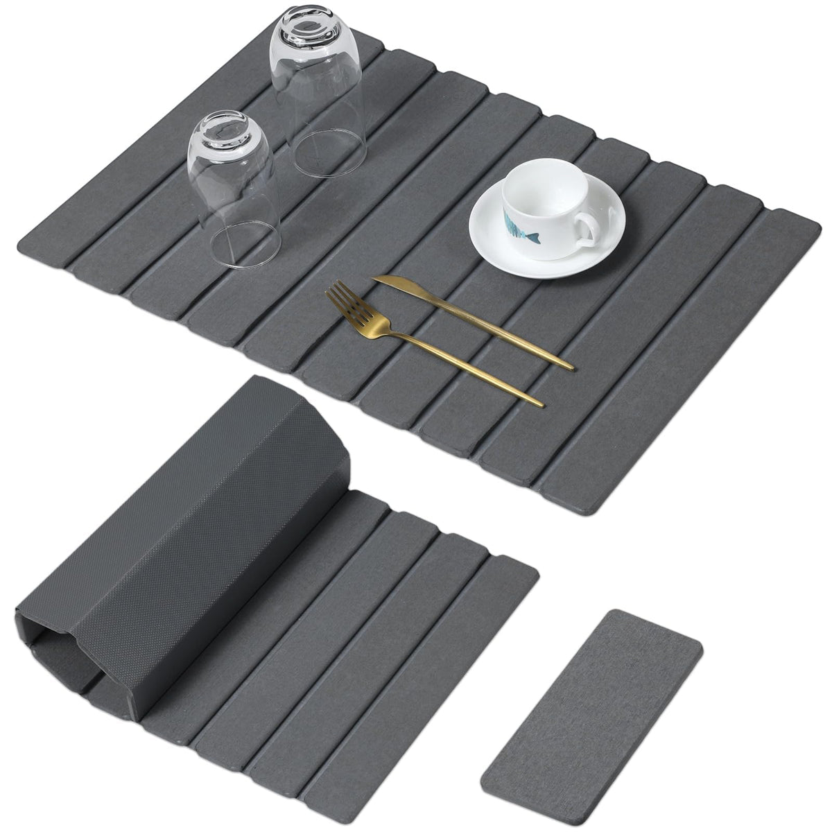 Large Stone Dish Drying Mat for Kitchen Counter, Quick Dry Stone Dishes/Bath Mats,Foldable Water Absorbing Diatomaceous Earth Drying Organizer Pad for Plate Rack Bottles Utensils(Dark Gray 24"×16")