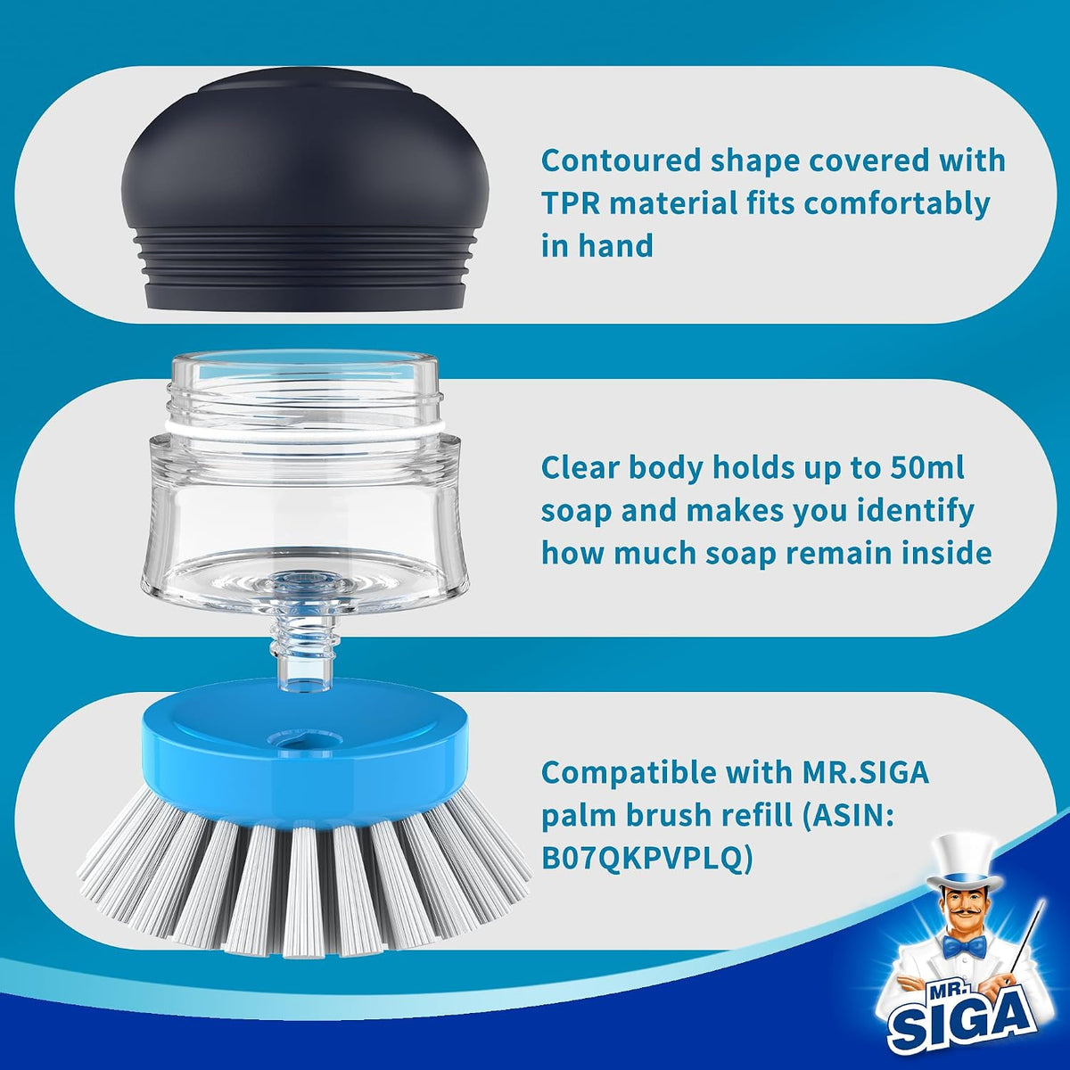 MR.SIGA Soap Dispensing Palm Brush, 1 Pack, Navy/Blue