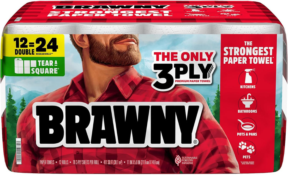Brawny Tear-A-Square 3-Ply Paper Towels, 12 Double Rolls = 24 Regular Rolls