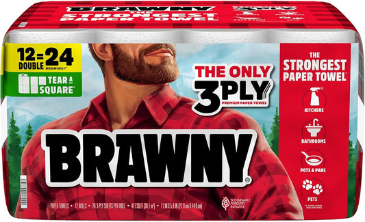 Brawny Tear-A-Square 3-Ply Paper Towels, 12 Double Rolls = 24 Regular Rolls