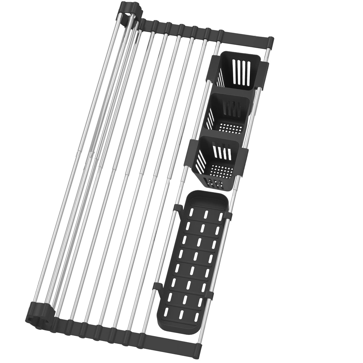 BBXTYLY Expandable Roll Up Dish Drying Rack Up to 22.8''with 2 Storage Baskets,Over The Sink Kitchen Rolling up Dish Drainer Drying Rack, Foldable,Rollable,for Kitchen Dishes(Expandable Width Size)