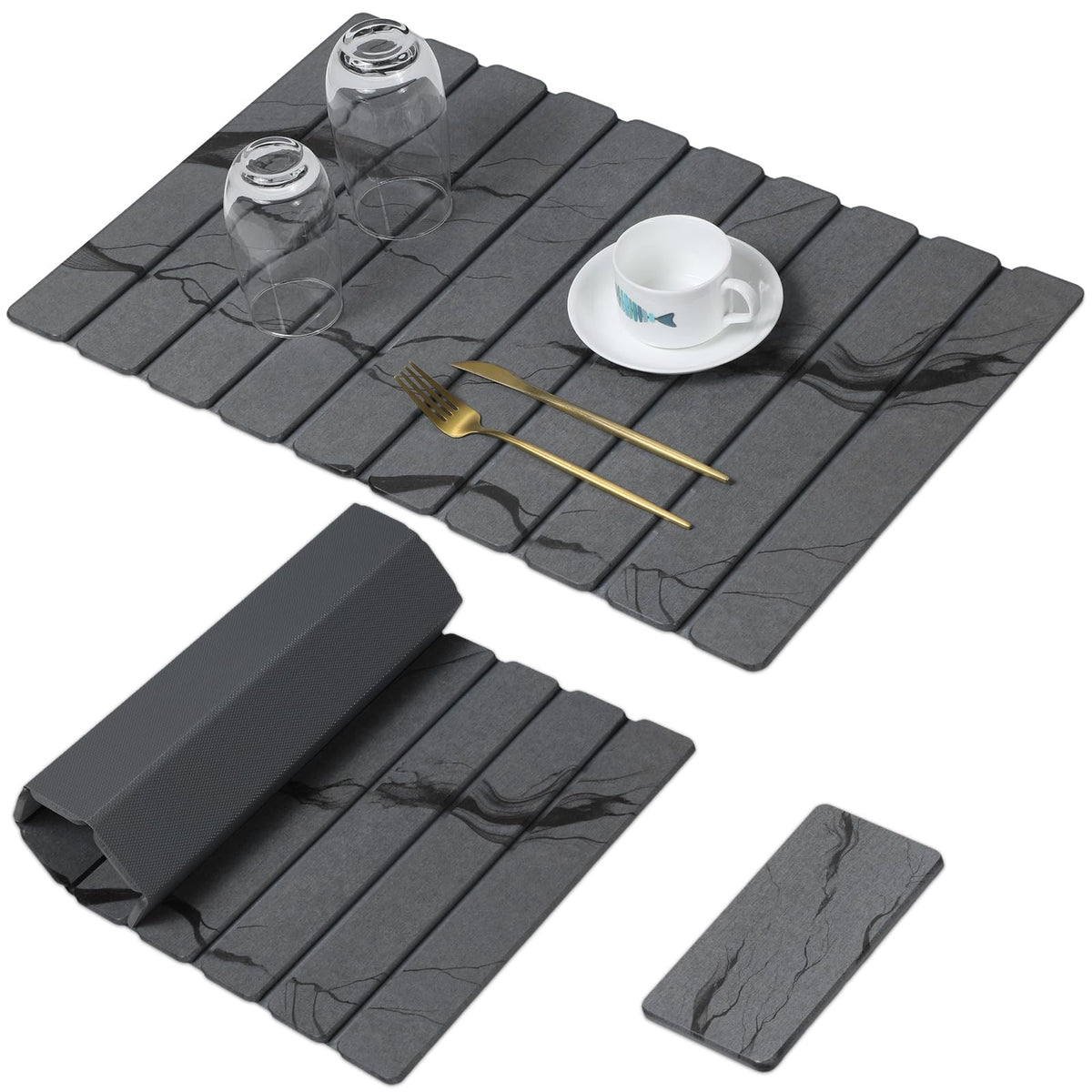 Large Stone Dish Drying Mat for Kitchen Counter, Quick Dry Stone Dishes/Bath Mats,Foldable Water Absorbing Diatomaceous Earth Drying Organizer Pad for Plate Rack Bottles Utensils(Dark Gray 24"×16")
