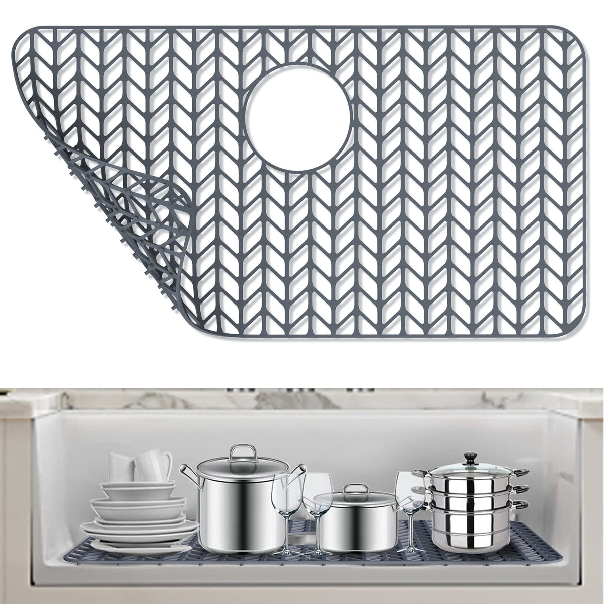 AWOKE Silicone Sink Protectors for Kitchen Sink, 12" x 11" Mat for bottom of sink, Center Drain Hole, Protect from Stains, Scratches, Dishwasher Safe Grid for Kitchen (2 Pack, Gray)