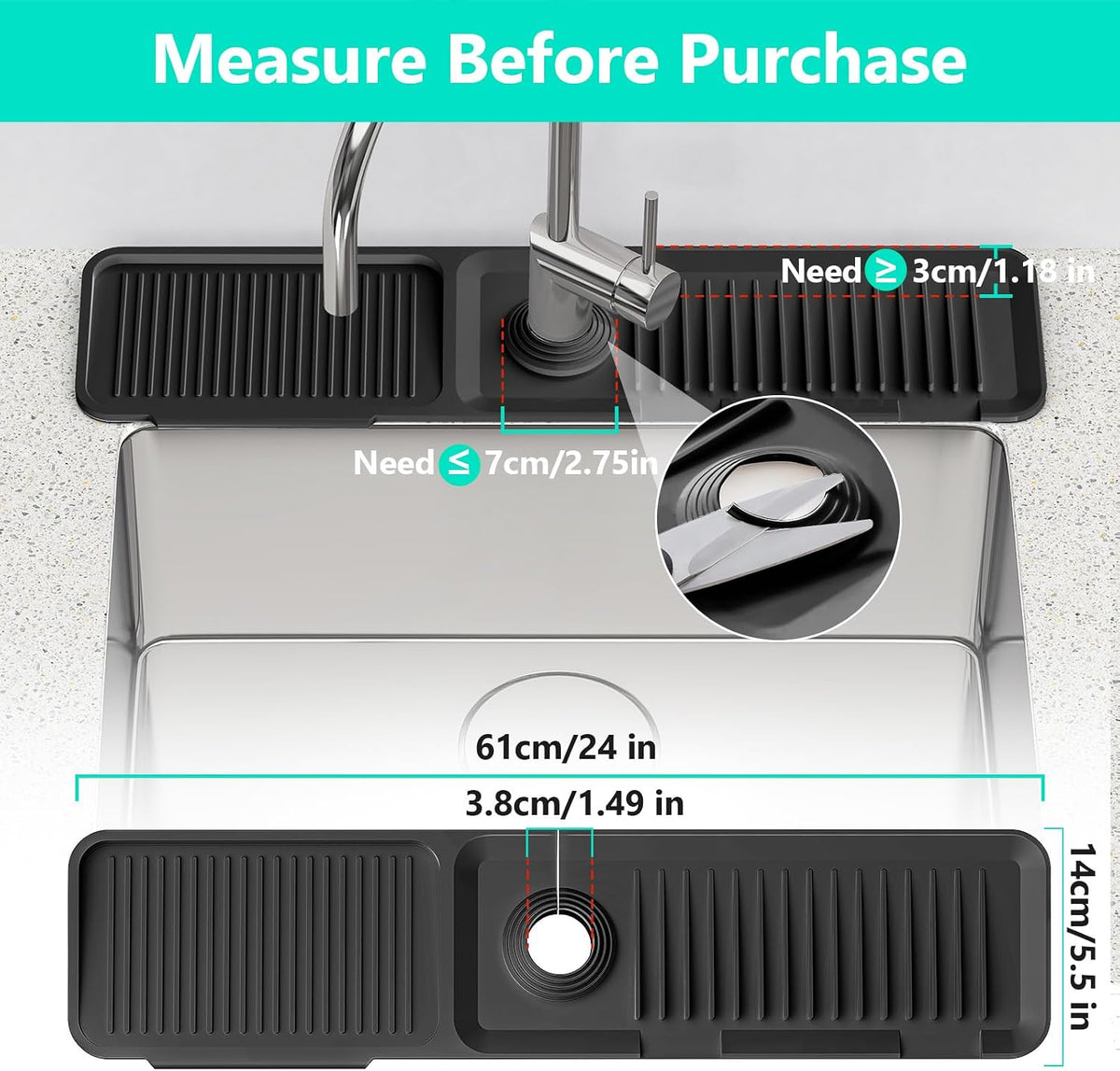 24'' Longer Faucet Mat for Kitchen Sink Splash Guard Drain Mat Behind Fauce