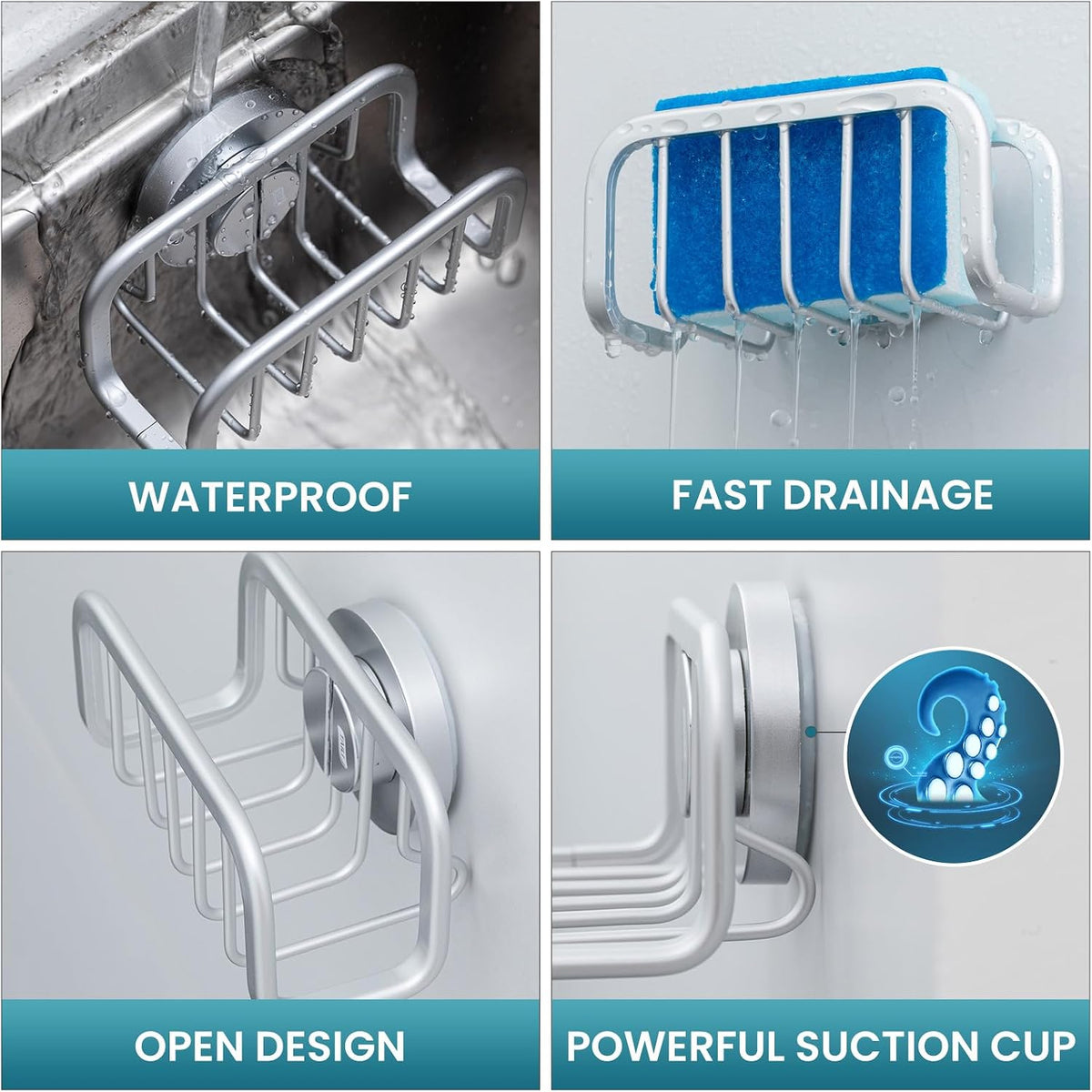 TAILI Silver Sponge Holder for Kitchen Sink with Strong Suction Cup
