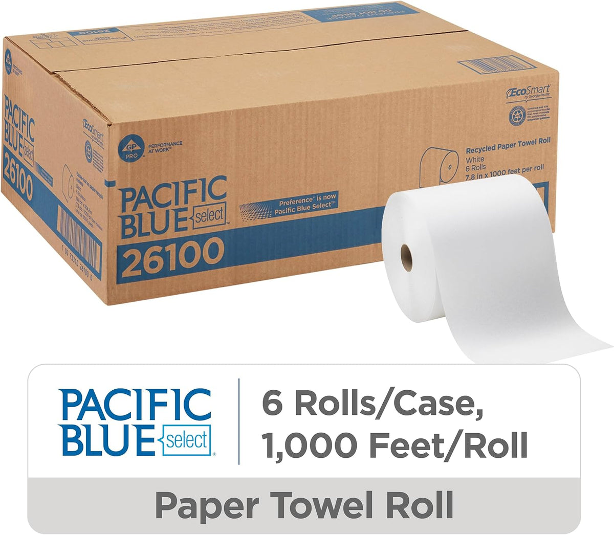 Georgia-Pacific Pacific Blue Select 7.875" Recycled Paper Towel Rolls by GP PRO, White, 26100, 1000 Feet Per Roll, 6 Rolls Per Case