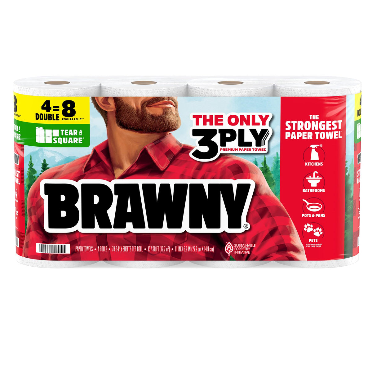 Brawny Tear-A-Square 3-Ply Paper Towels, 12 XL Family Rolls = 30 Regular