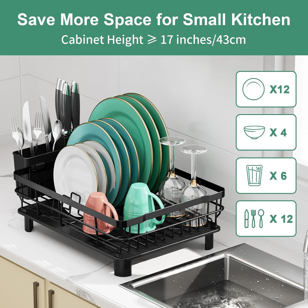 MOUKABAL Dish Drying Rack with Drainboard for Kitchen Counter, Black