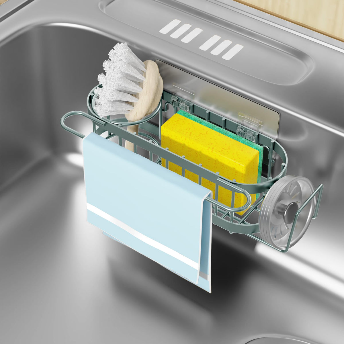 Cisily Kitchen Sponge Holder for Kitchen Sink with 2 Suction Cups/1 Adhesive Strips, Stainless Steel Kitchen Caddy Sink Organizer, Brush Holder, Dish Cloth Hanger, Sink Stopper Holder (Black)