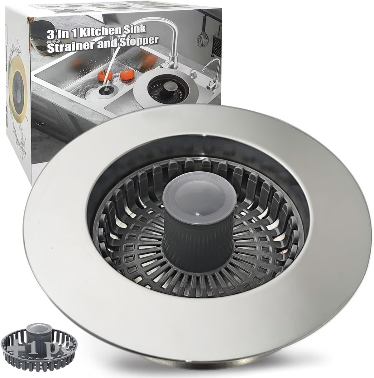 Anlige Kitchen Sink Drain Strainer,3in1 Pop Up Kitchen Sink Stopper, Chrome