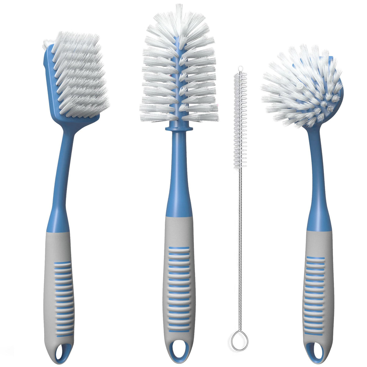 Dish Brush Set of 5 with Holder - Kitchen Scrub Brushes with Non-Slip Long Handle for Cleaning, Scrubber, Dishwashing, Dishes, Bottles, Straws, Cups, Pots & Sink, Black