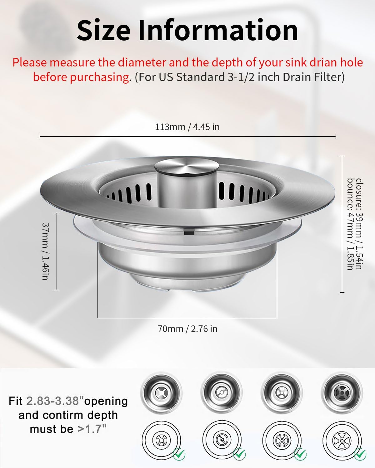 3 in 1 Kitchen Sink Drain Strainer [304 Stainless Steel Pop Up] Anti-Clogging Kitchen Sink Drain Stopper Stainless Steel Efficiently Drainage Odor Filter Sink Plug for Us Standard 3-1/2 Inch