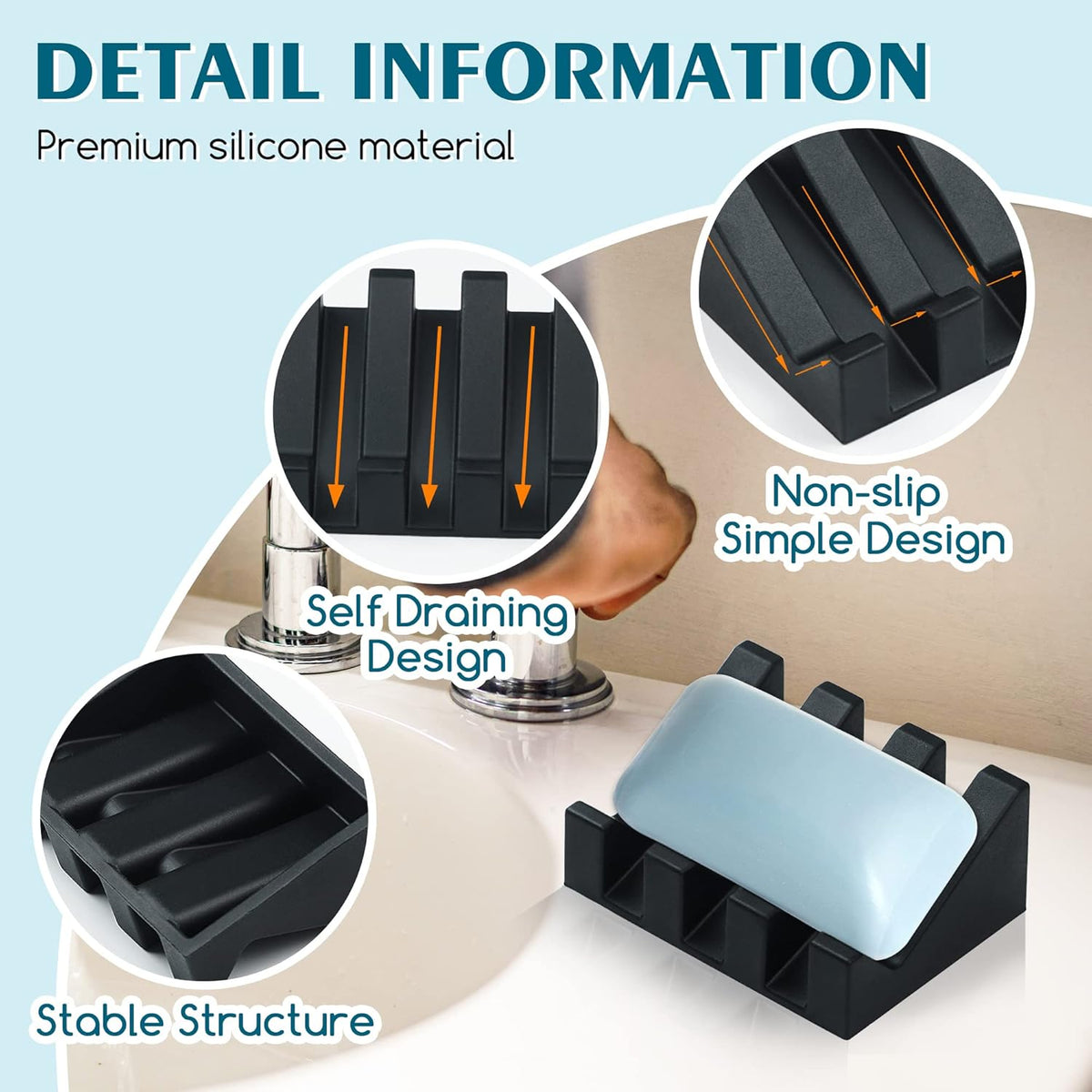 Self Draining Silicone Soap Dish Holder Waterfall Tray, 2 Pack Black
