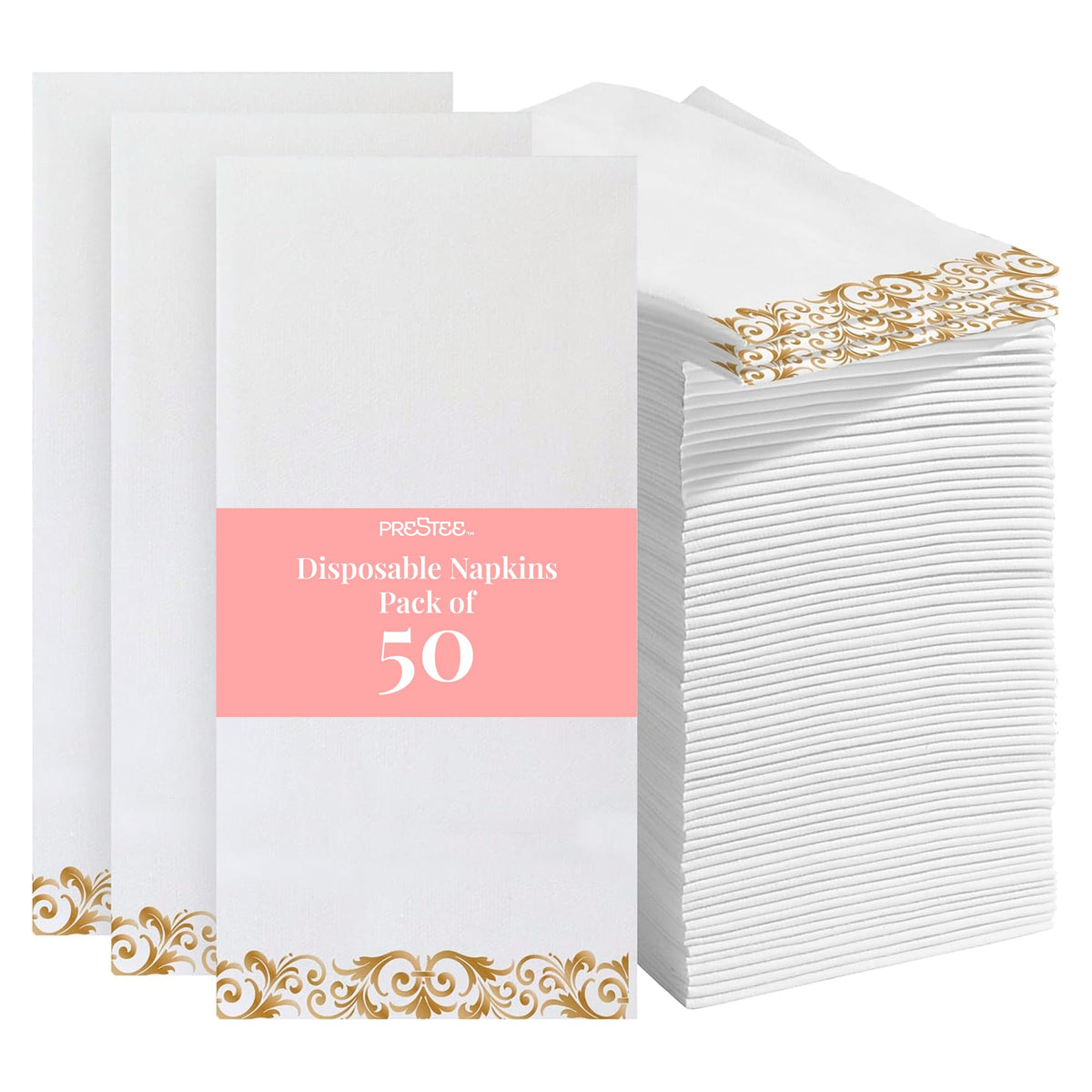 Prestee 50-Pack Paper Towels - 7.8 x 4.25 Inch Soft Linen Feel Paper Napkins - Durable and Absorbent Hand Towels for Bathroom - Disposable Table Napkins for Weddings, Dinners, Christmas, Thanksgiving