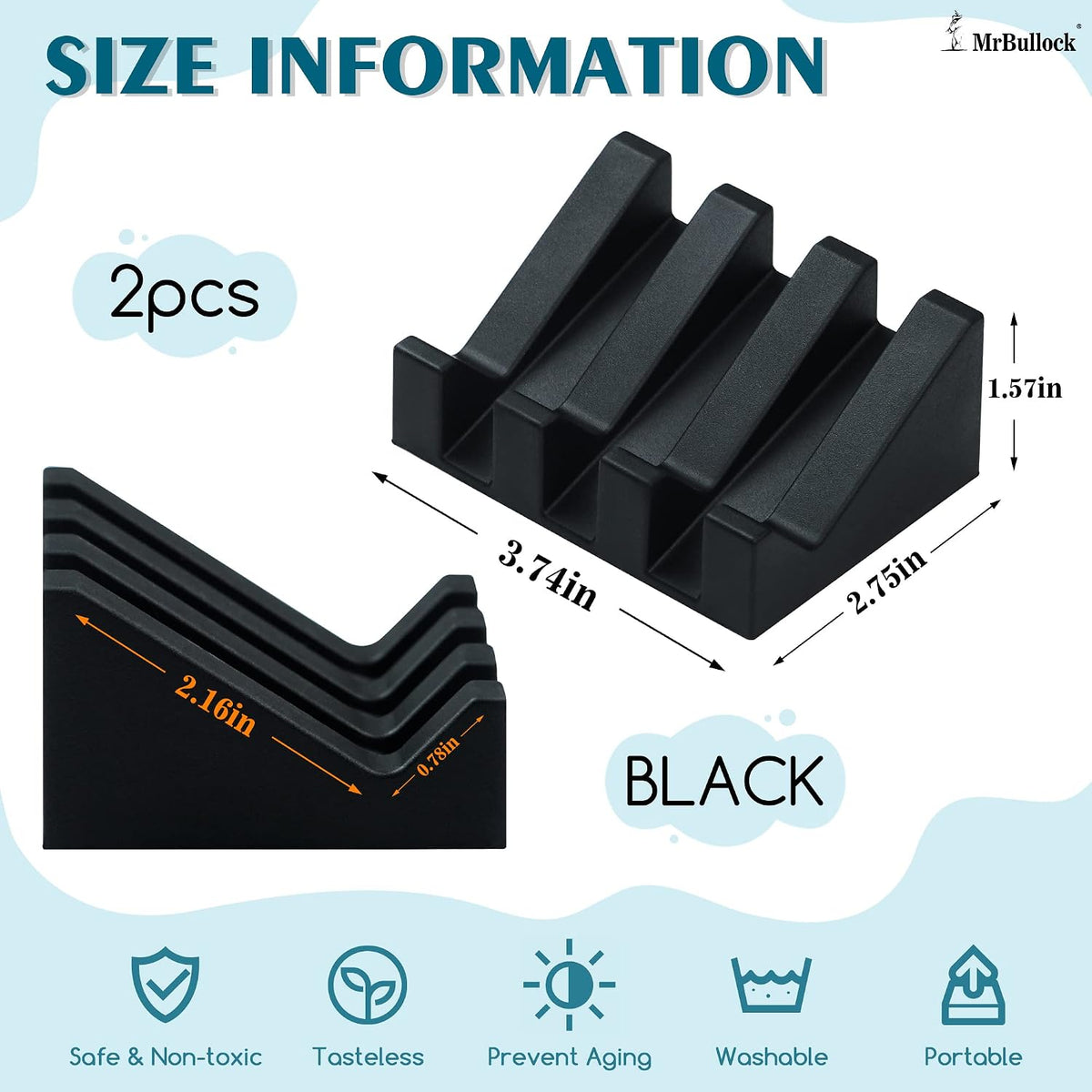Self Draining Silicone Soap Dish Holder Waterfall Tray, 2 Pack Black