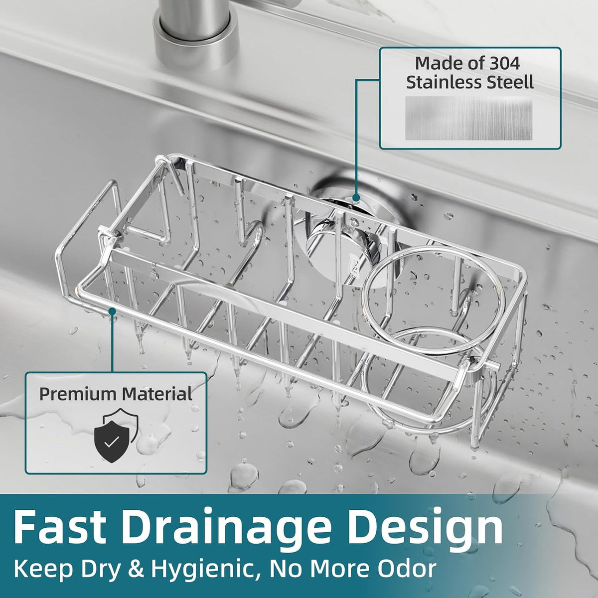 TAILI 4-in-1 Sink Caddy for Kitchen Sink with Strong Suction Cup-Silver
