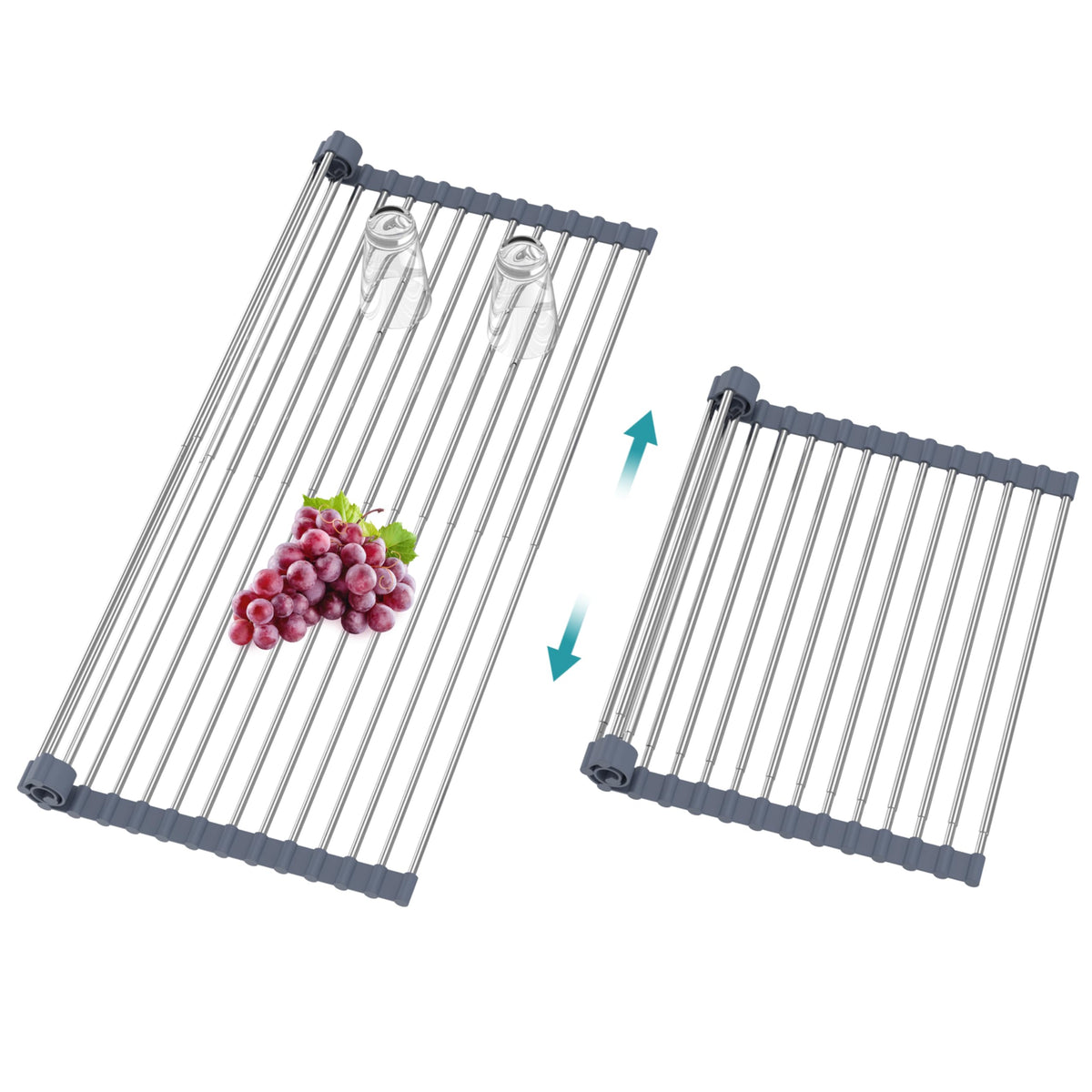 Extra Large Expandable Roll Up Dish Drying Rack,Over The Sink Drying Rack Sink Cover Kitchen Sink Accessories Kitchen Rolling up Stainless Steel Drainer, Foldable,Rollable（Black，22.8''-12.4''）