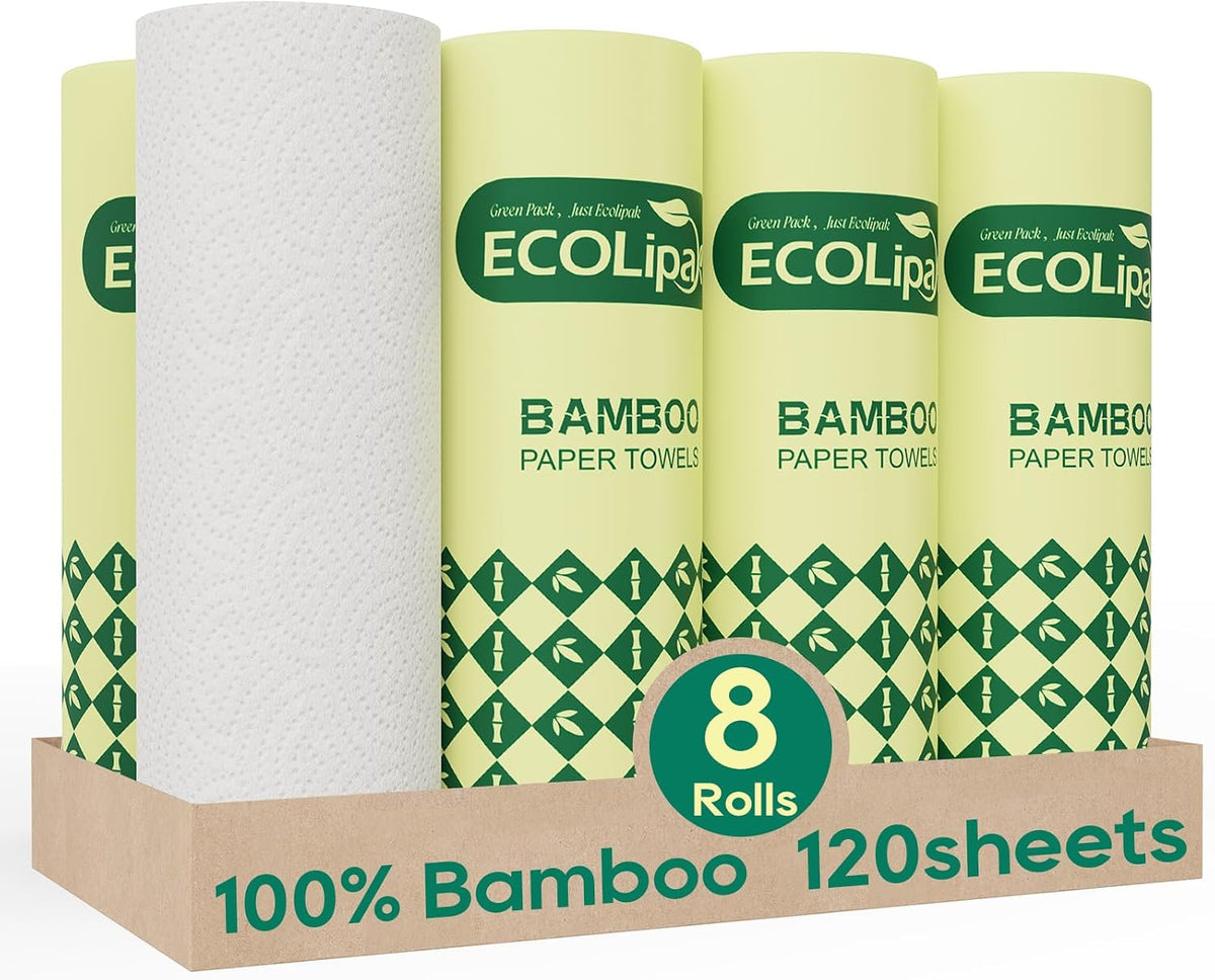 ECOlipak Bamboo Paper Towels - 8 Rolls, 2 Ply 120 Sheets- Plastic Free, Tree Free, Compostable, Disposable Kitchen Paper Towels, Soft and Absorbent, PFAS Free, White