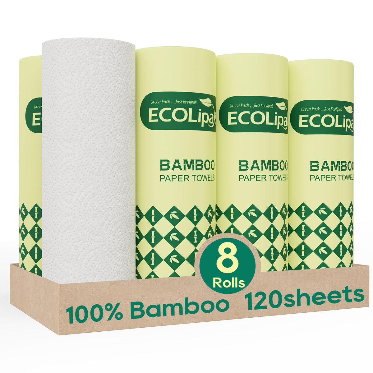 ECOlipak Bamboo Paper Towels - 8 Rolls, 2 Ply 120 Sheets- Plastic Free, Tree Free, Compostable, Disposable Kitchen Paper Towels, Soft and Absorbent, PFAS Free, White