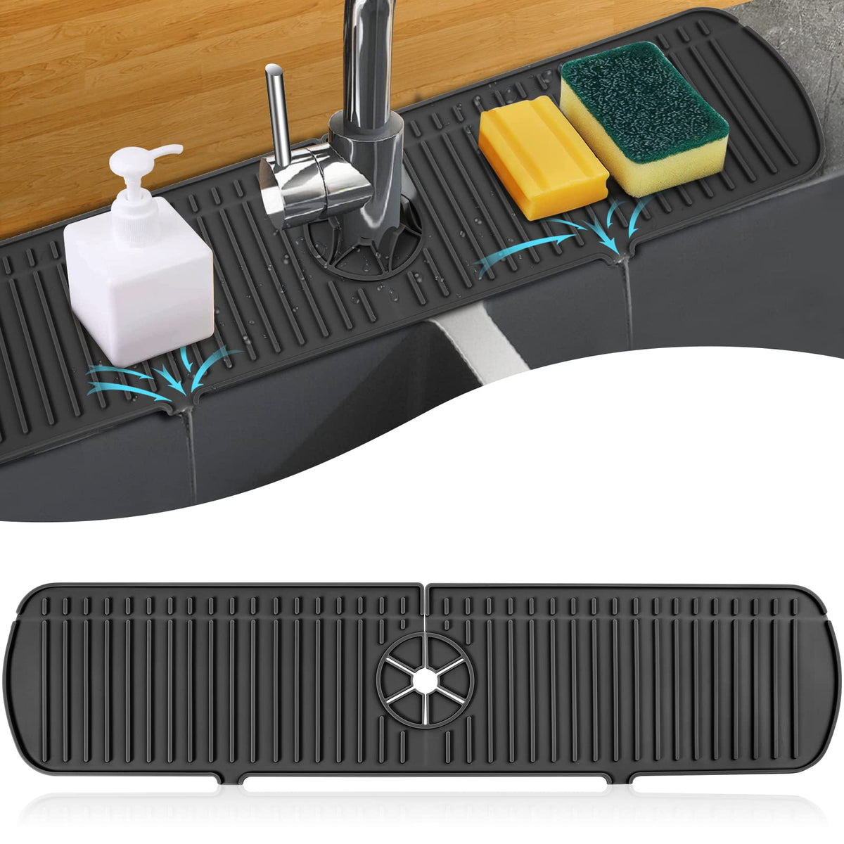 BFONS Silicone Faucet Handle Drip Catcher Drying Tray Mat Dish Soap Sponge Holder Accessories Gadgets for Kitchen Counter Bathroom Kitchen Sink Splash Guard -Grey