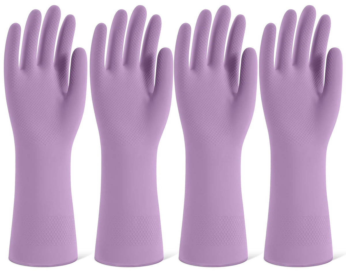 Rubber Cleaning Gloves for Dishwashing, 4 Pairs Reusable Kitchen Gloves for Washing Dishes and Household Cleaning, Colorful Dish Gloves with Flocked Lining and Non-Slip Grip, Pefect for Woman Men - M