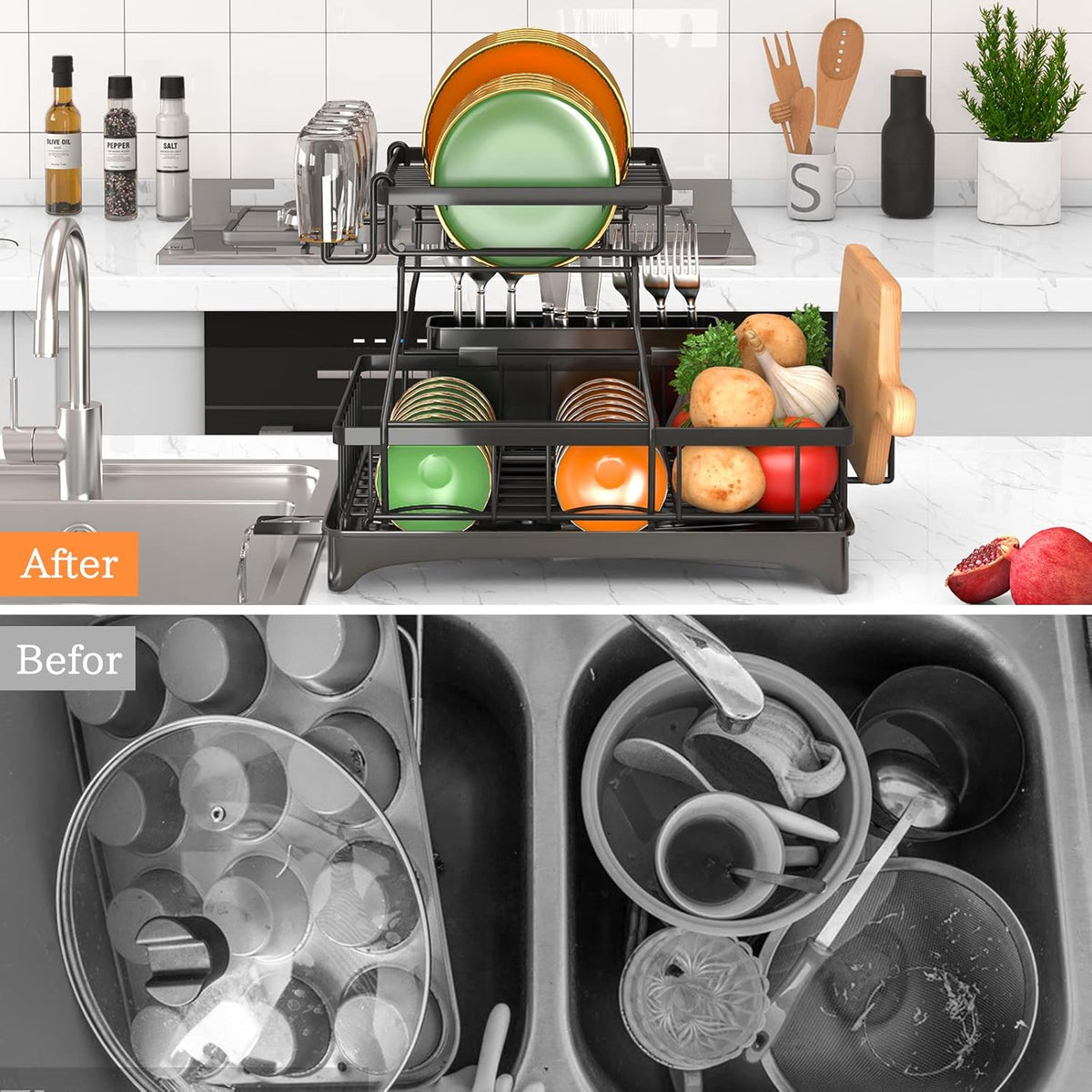 Godboat 2-Tier Dish Drying Rack - Dish Rack with Auto Drain-to-Sink & Mat
