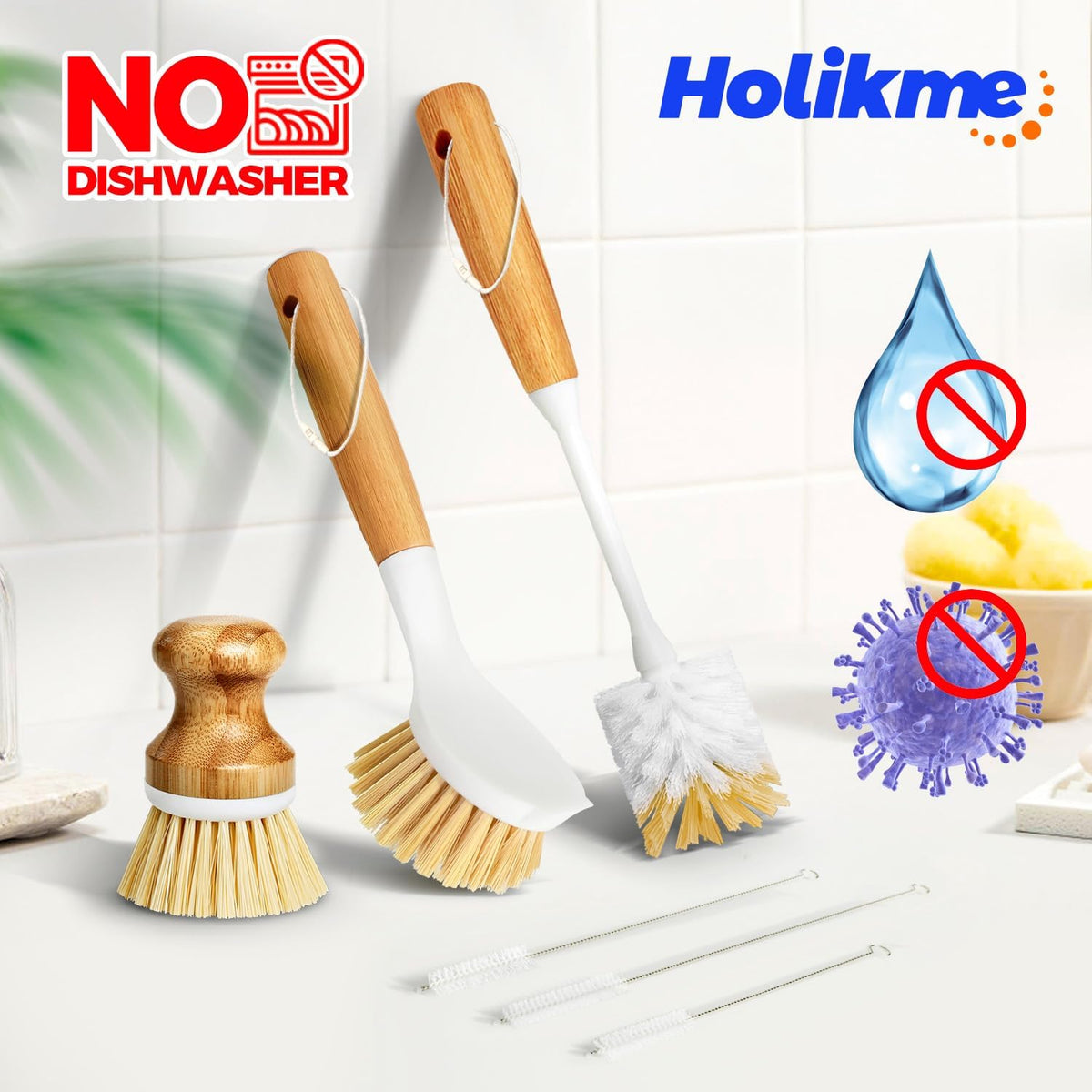 Holikme 6 Pack Dish Brush with Bottle Brush Scrub Brush Straw,Yellow