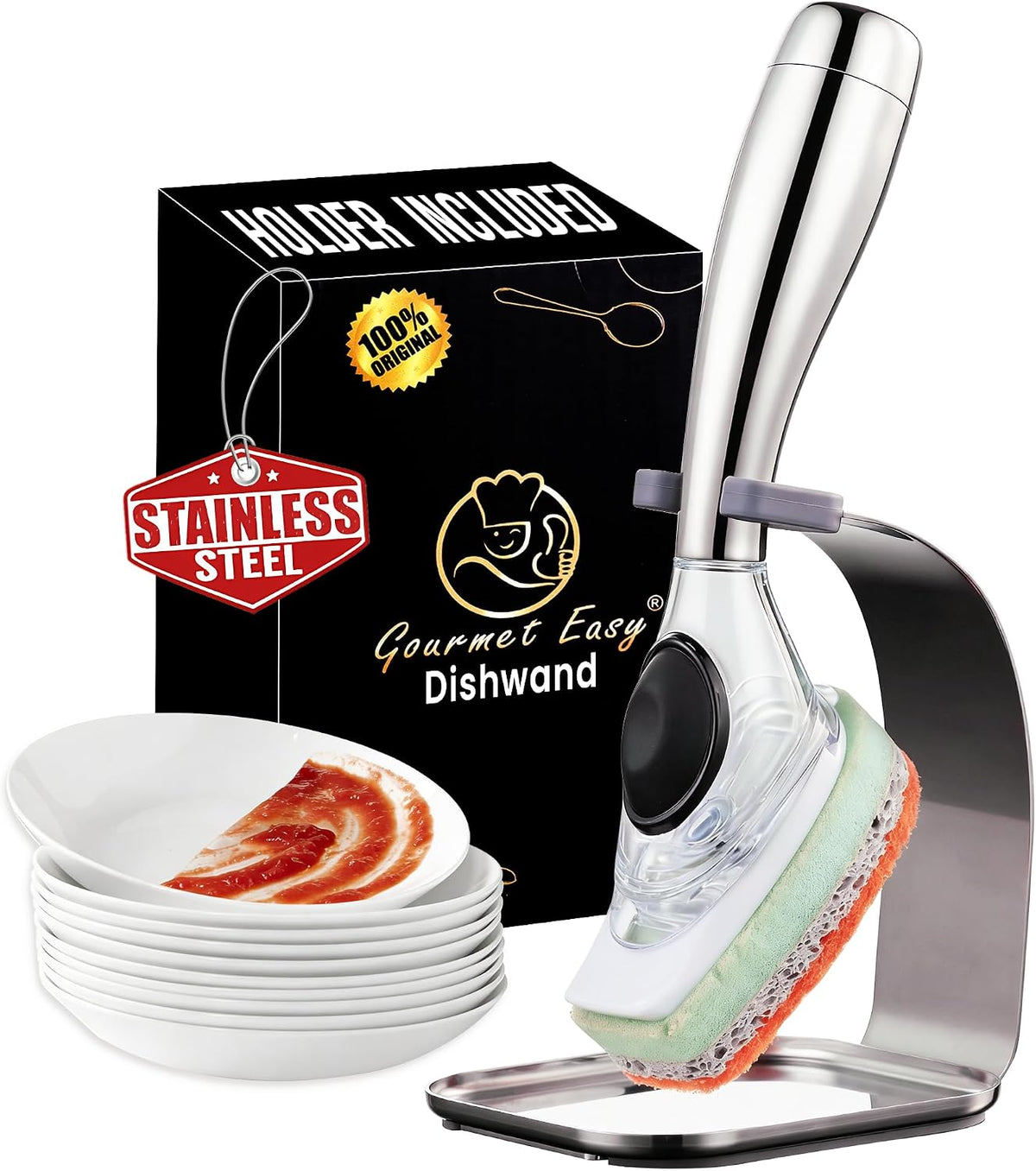 Gourmet Easy Dish Wand with Stainless Steel Handle & Easy Storage Holder