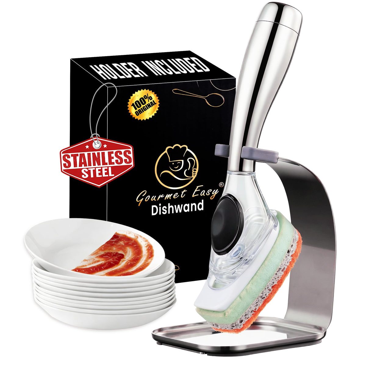 Gourmet Easy Dish Wand with Stainless Steel Handle & Easy Storage Holder