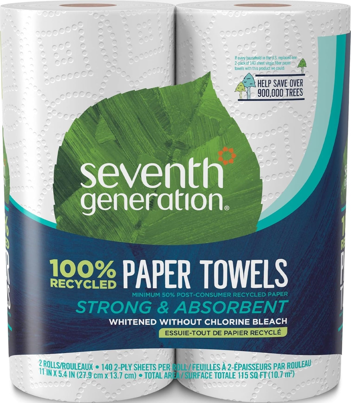 Seventh Generation 100% Recycled Paper Towels, 2 Regular Rolls, 140 2-Ply Sheets (White) Strong & Absorbent Paper towels for Kitchen, Bathroom & Everyday Cleaning, Whitened Without Chlorine Bleach