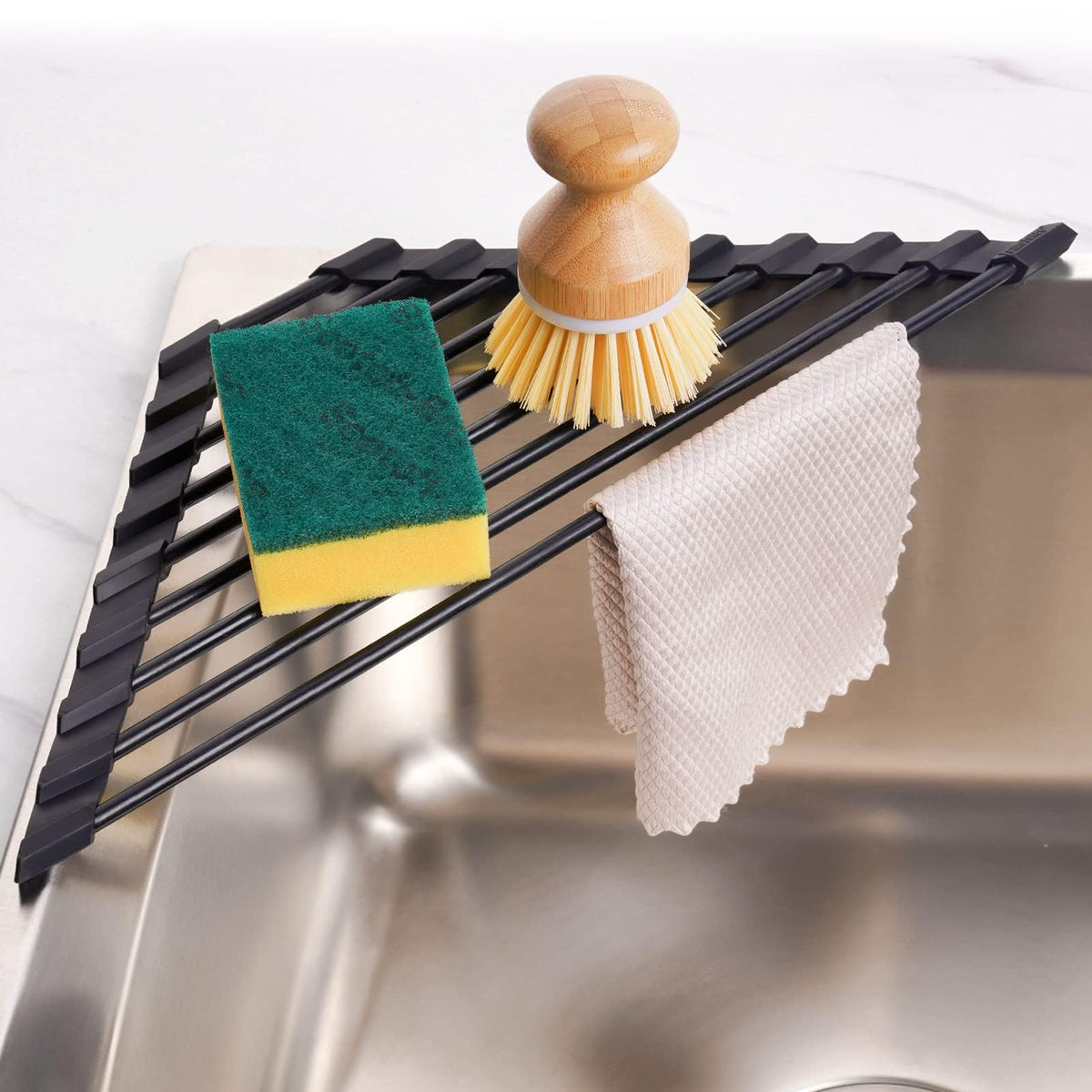 Tomorotec Triangle Roll Up Dish Drying Rack with Silicone Coating, Black