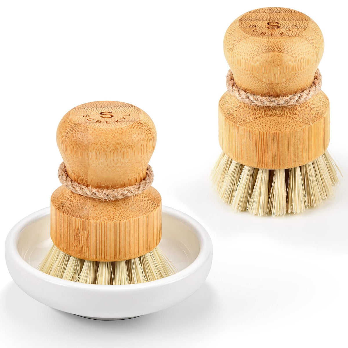 SUBEKYU Bamboo Dish Scrub Brush,Produce Brush,3 Pack with Ceramic Holder